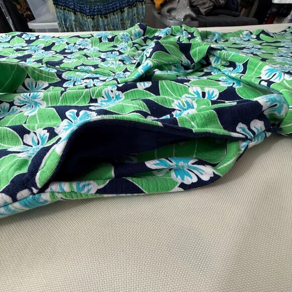 T by Talbots Blue Green Hawaiian Print Dress Tie Waist Navy Trimmed Caged Back - Picture 12 of 16